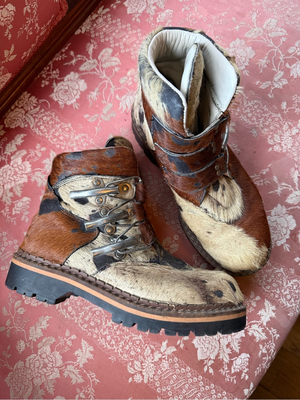 GEIER WALLY Austria made in Spain PONY HAIR cow print combat BOOTS sz 8.5 / 39
